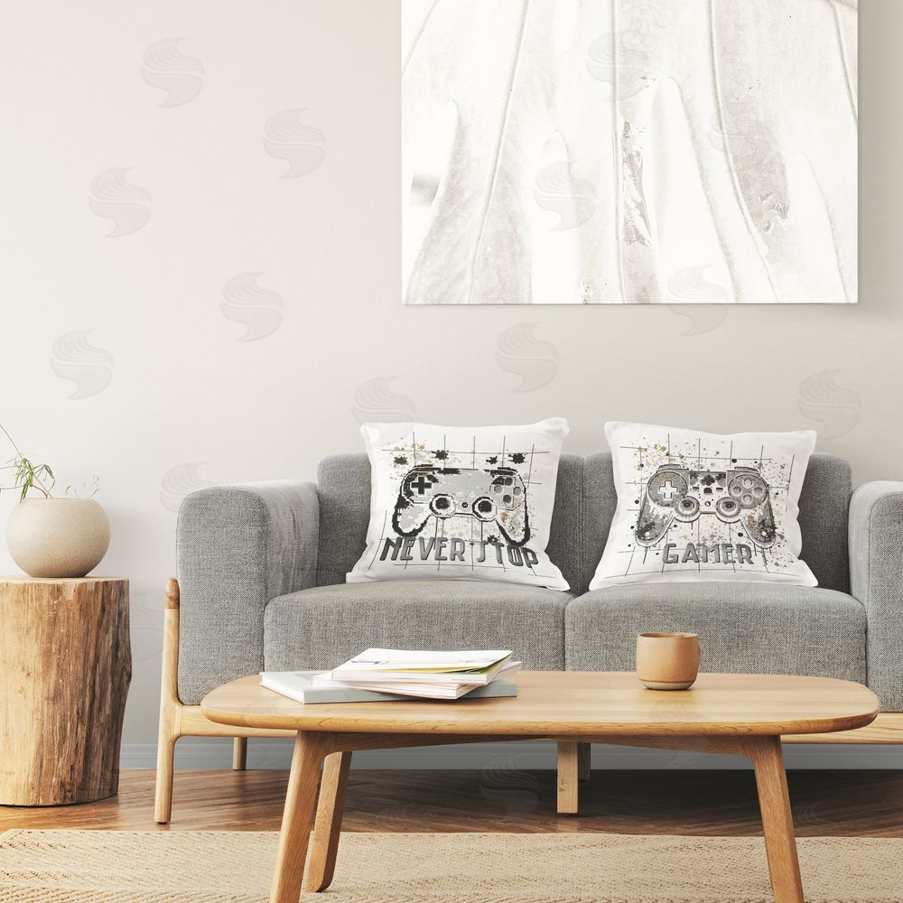 Kim Allen Gamer Words with Modern Pixels Printed Indoor Throw Pillow in Room
