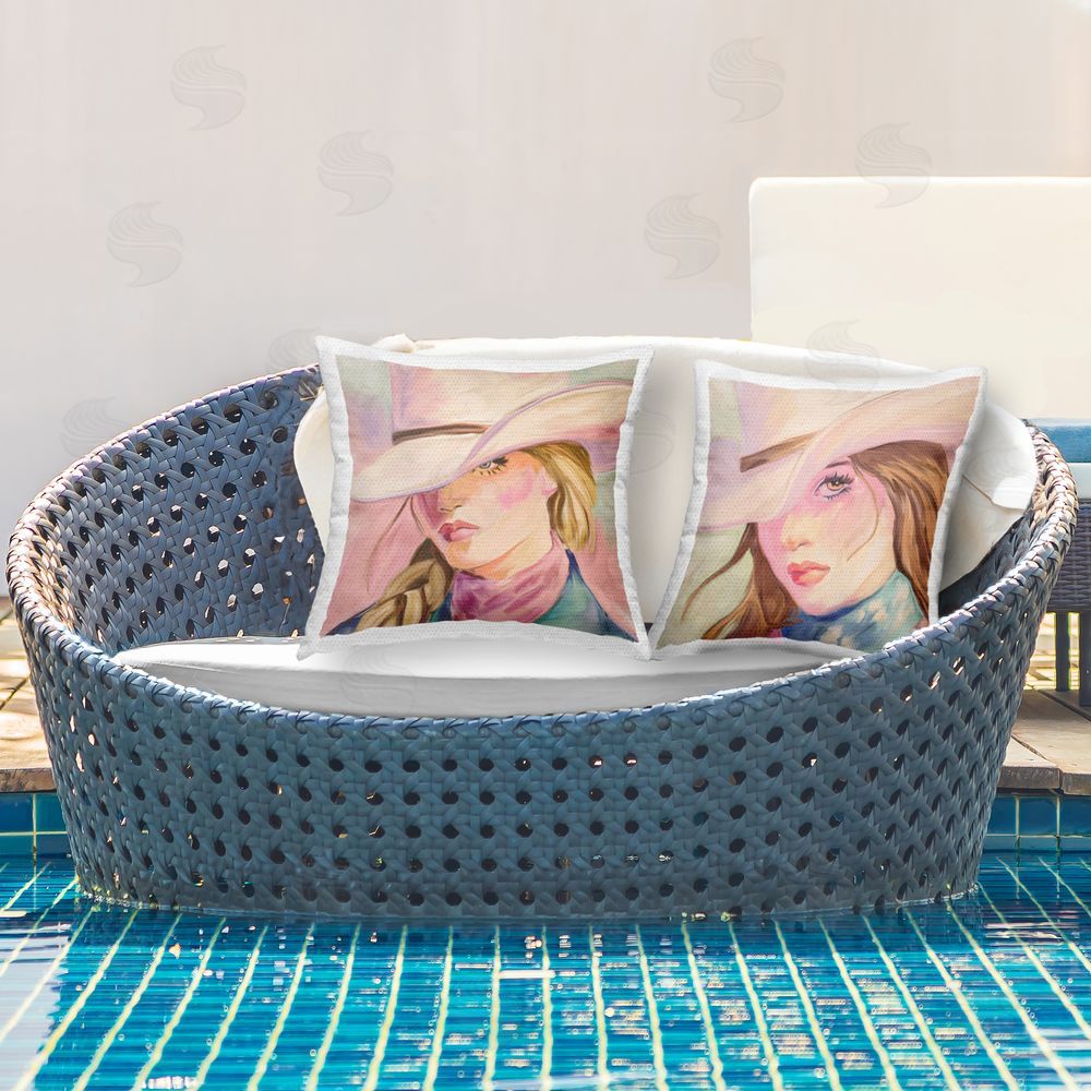 Kim Allen Pastel Cowgirls Gazing Square Printed Throw Pillow on Patio