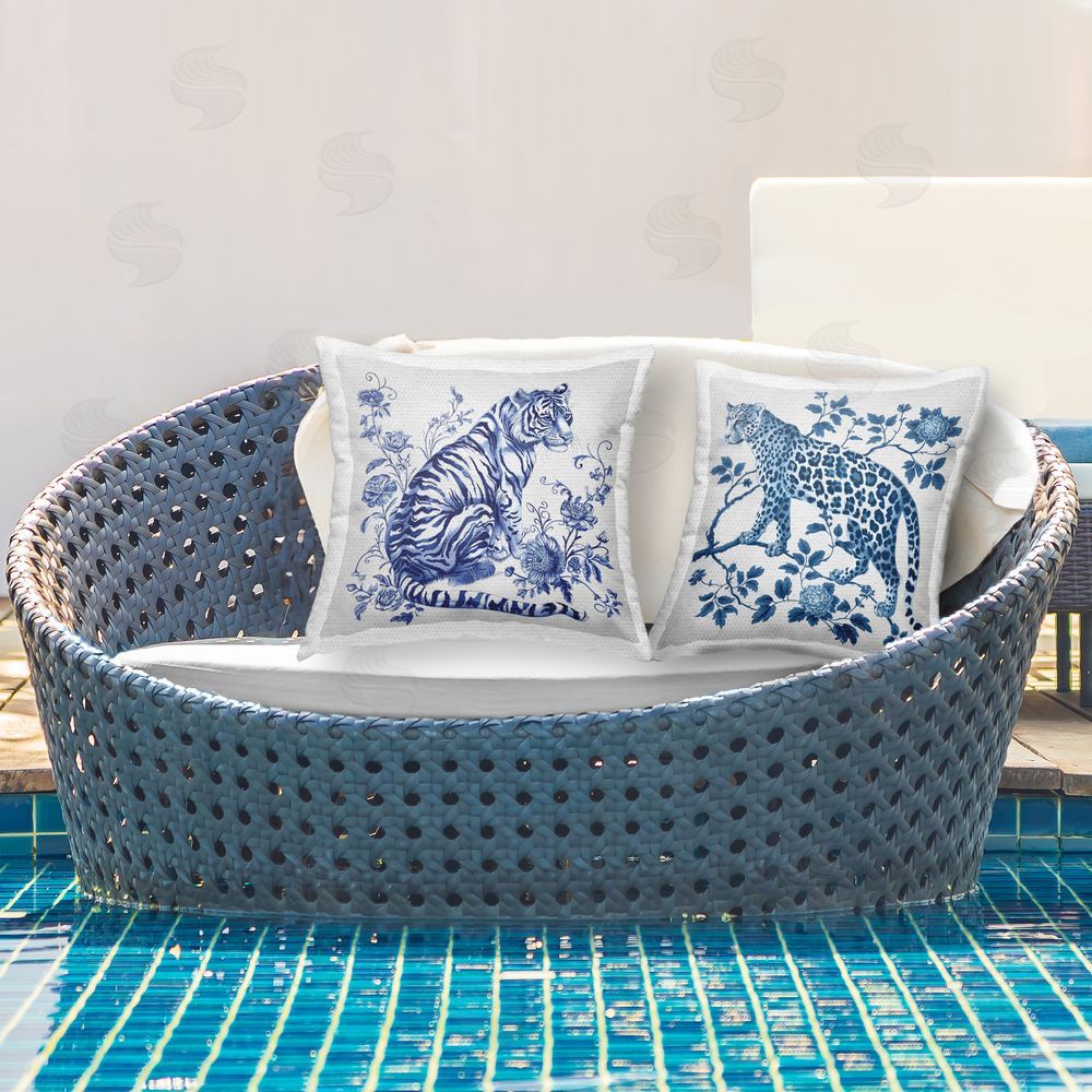 Lettered and Lined Ornate & Detailed Large Cats Square Printed Throw Pillow on Patio