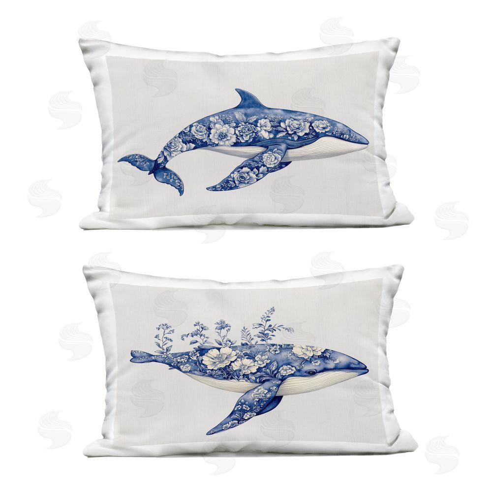 Lettered and Lined Blooming Toile Pattern Whales Outdoor Rectugular Printed Throw Pillow