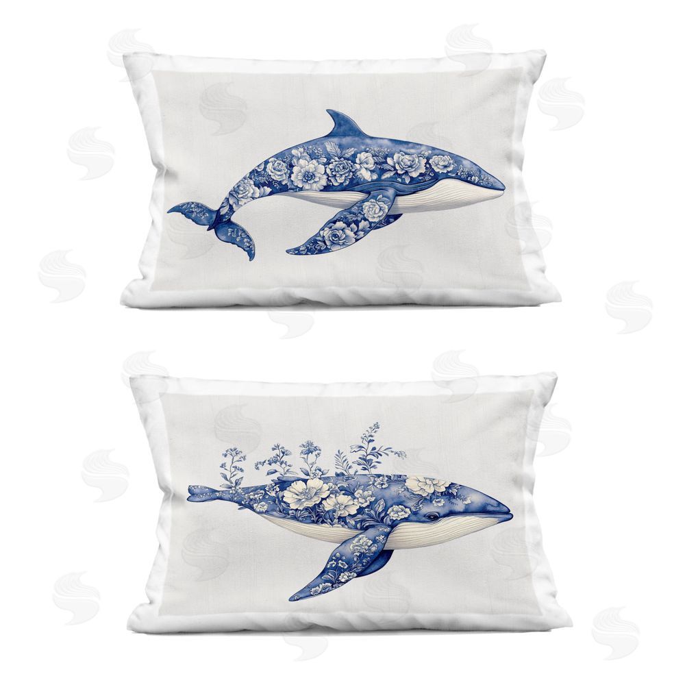 Lettered and Lined Blooming Toile Pattern Whales Rectugular Printed Throw Pillow