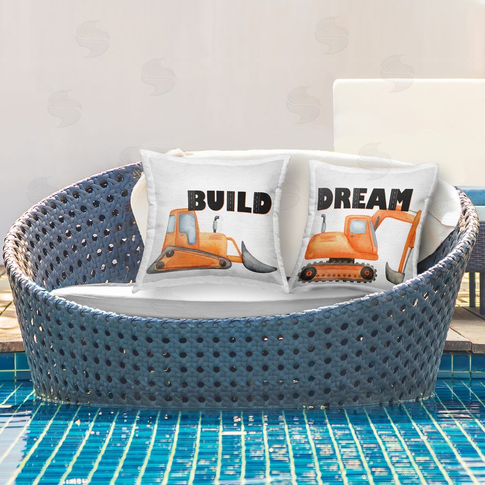 Kim Allen Build & Dream Construction Vehicles Square Printed Throw Pillow on Patio