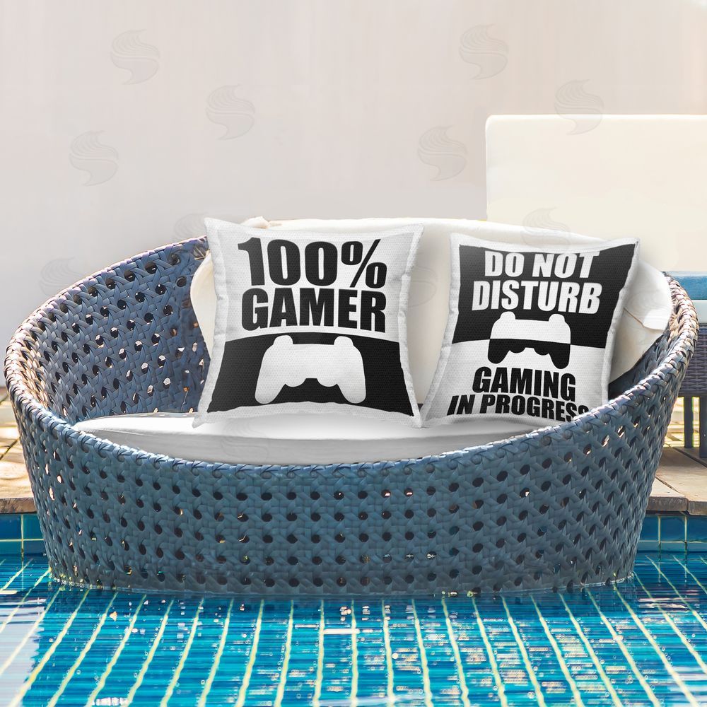 Kim Allen Competitive Gamer Black & White Square Printed Throw Pillow on Patio