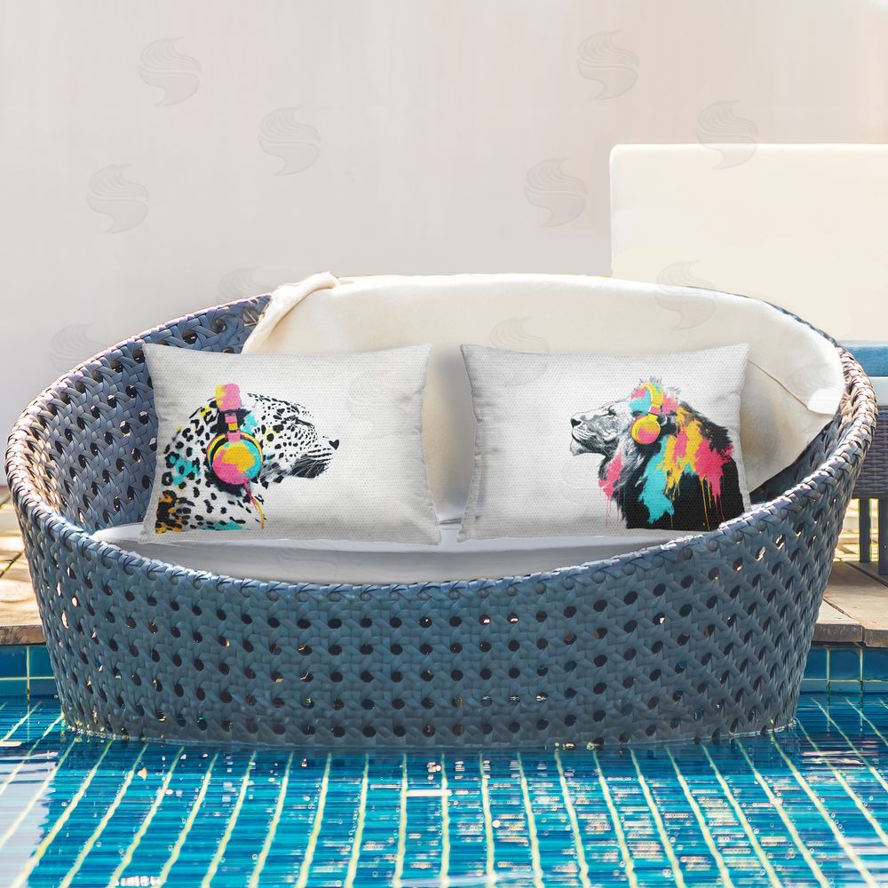 Svetlana Aleynikova Leopard and Lion On Air Printed Throw Pillow on Patio