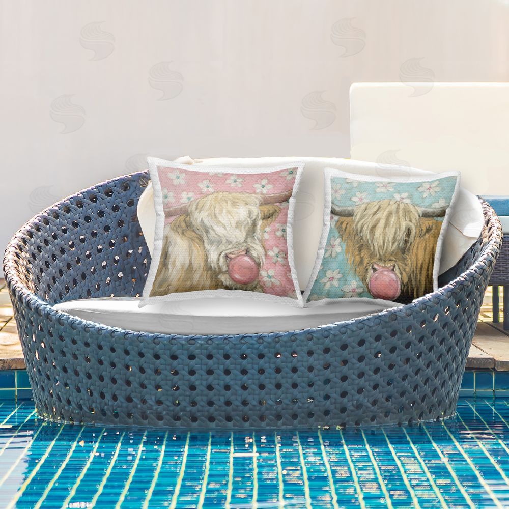 Sara G. Designs Cute Bubblegum Highland Cattles Outdoor Printed Throw Pillow on Patio