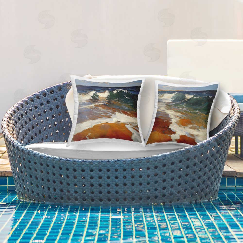 Walker Noble Glassy Coastal Break Outdoor Printed Throw Pillow on Patio