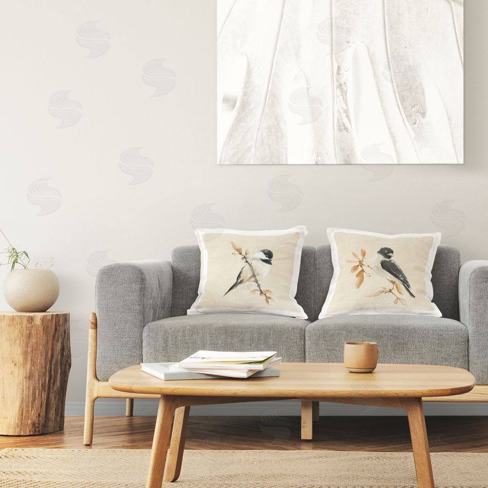 Diannart Muted Watercolor Chickadees Printed Throw Pillow in Room