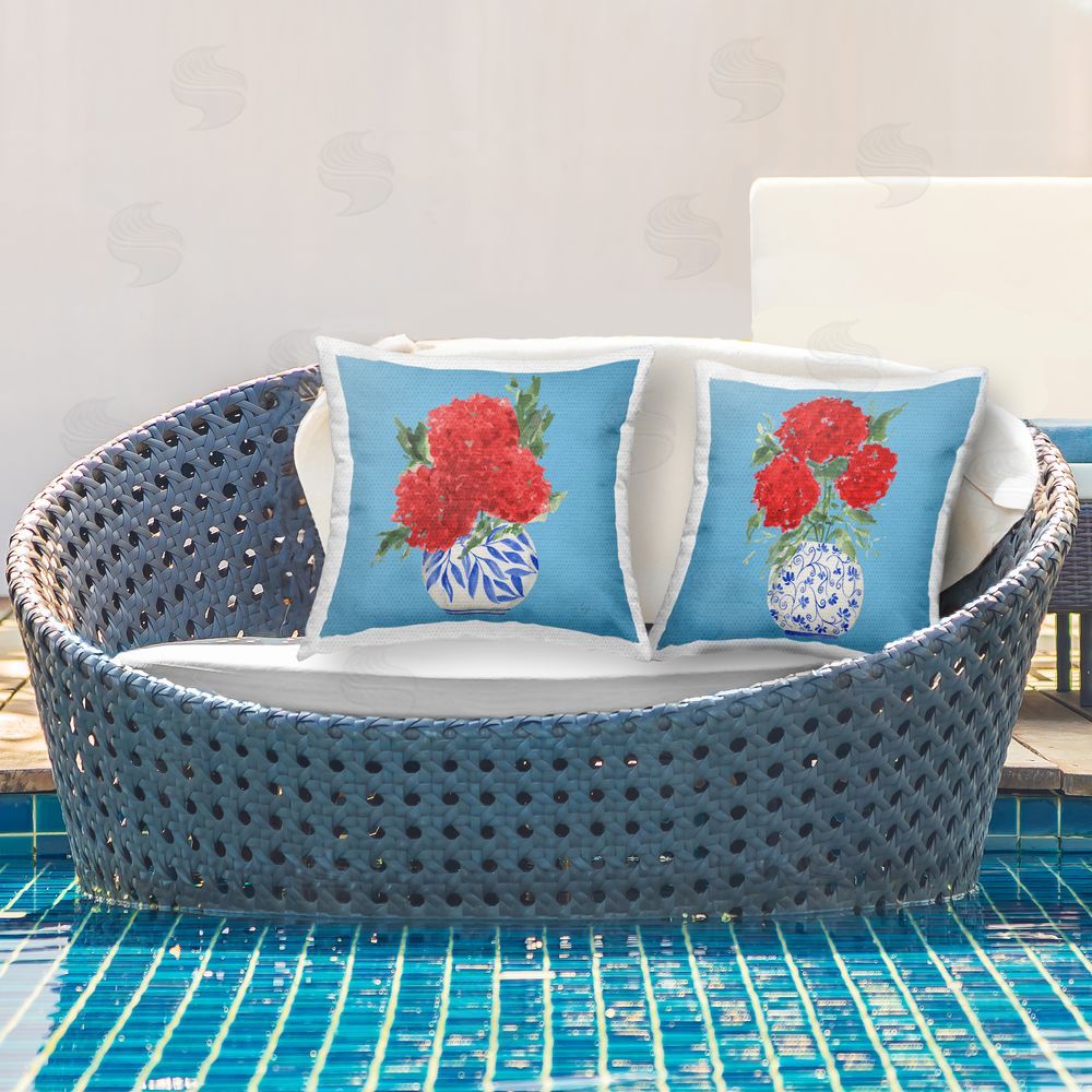 Lucille Price Red & Blue Hydrangea Vases Outdoor Printed Throw Pillow on Patio