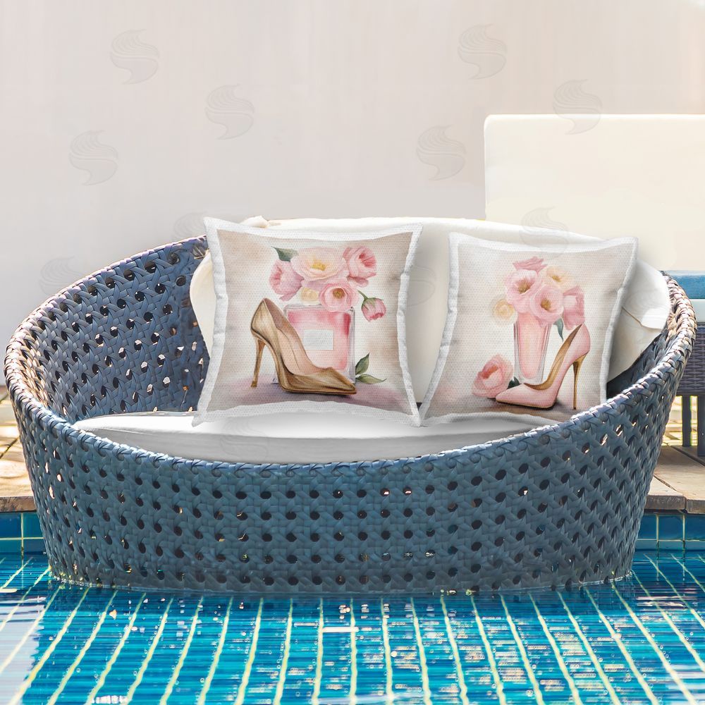 Kim Allen Blush Pink Beauty Outdoor Quick-Dry Polyester Printed Square Pillow Set on Patio