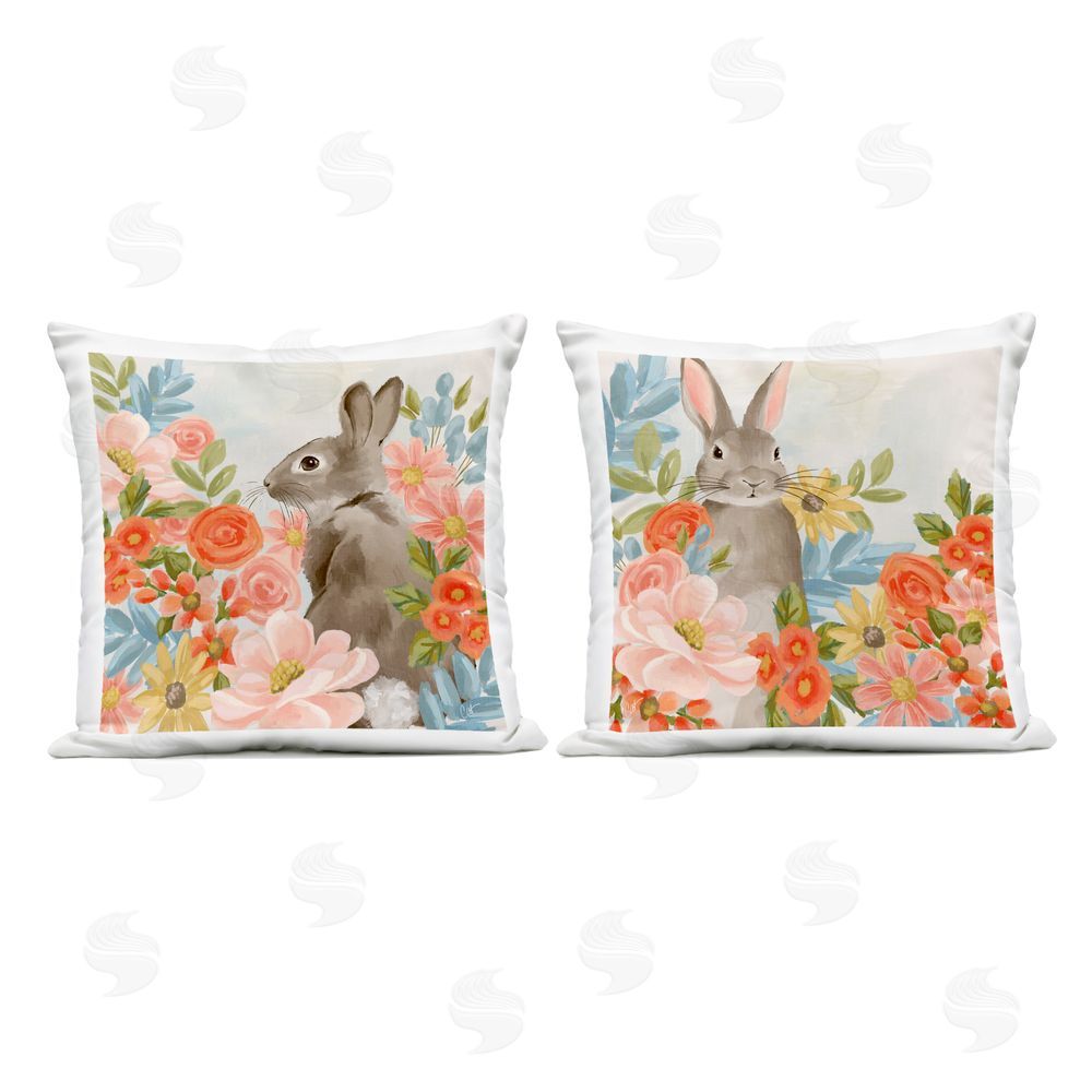 Cat Thurman Designs Bright Bunny Blooms Square Outdoor Quick-Dry Polyester Throw Pillow