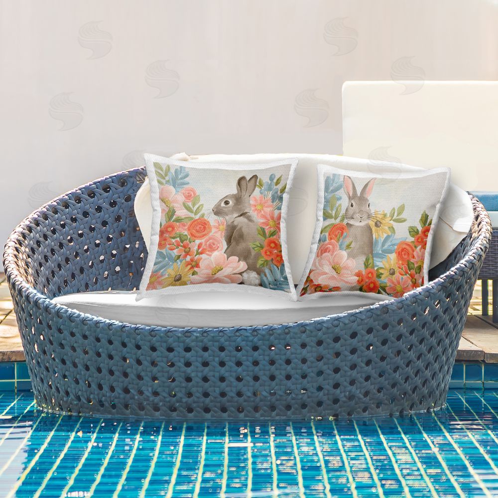 Cat Thurman Designs Bright Bunny Blooms Square Outdoor Quick-Dry Polyester Throw Pillow on Seat