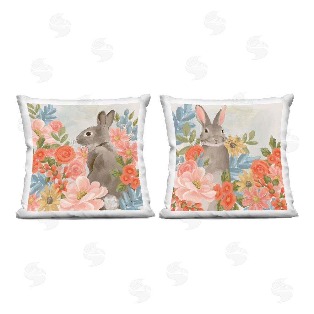 Cat Thurman Designs Bright Bunny Blooms Square Plush Polyester Throw Pillow