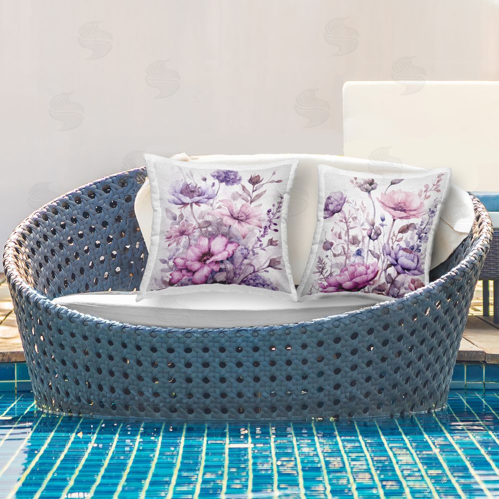 Kim Allen Vibrant Purple Tone Florals Outdoor Quick-Dry Polyester Printed Square Pillow Set on Patio