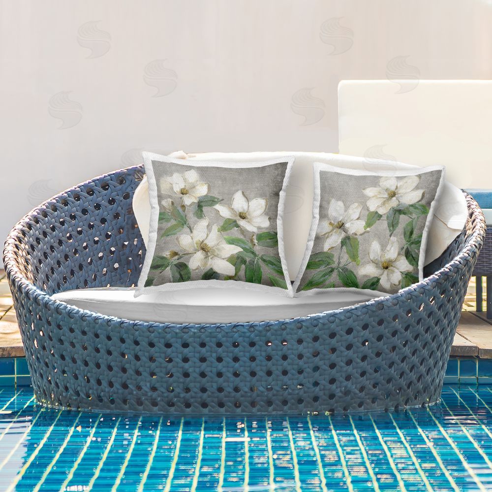 Sally Swatland Blooming Ivory Magnolias Outdoor Quick-Dry Polyester Printed Square Pillow Set on Patio