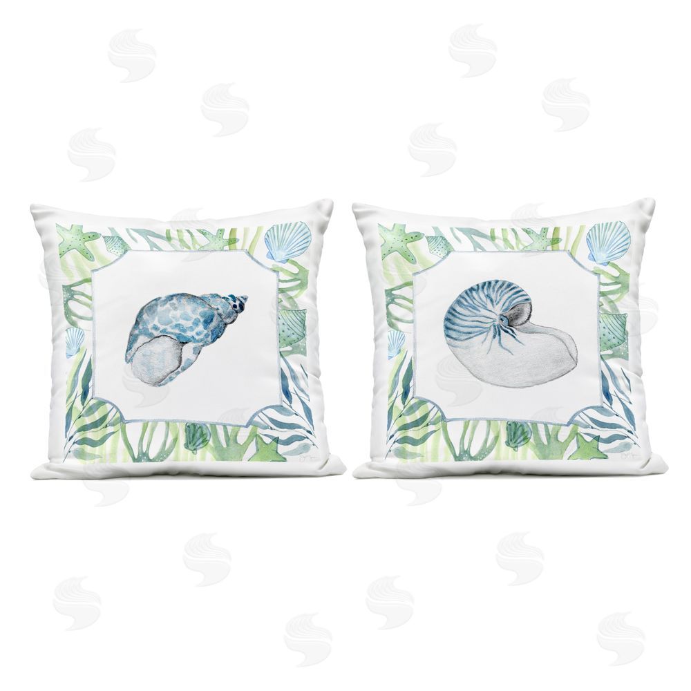 Janet Tava Seaweed Bordered Seashells Outdoor Quick-Dry Polyester Square Throw Pillow