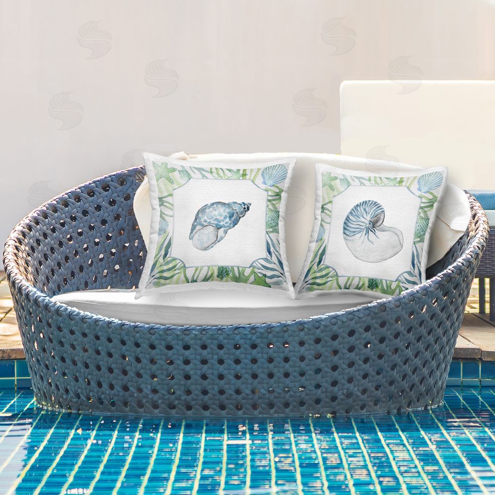 Janet Tava Seaweed Bordered Seashells Outdoor Quick-Dry Polyester Printed Square Pillow Set on Patio