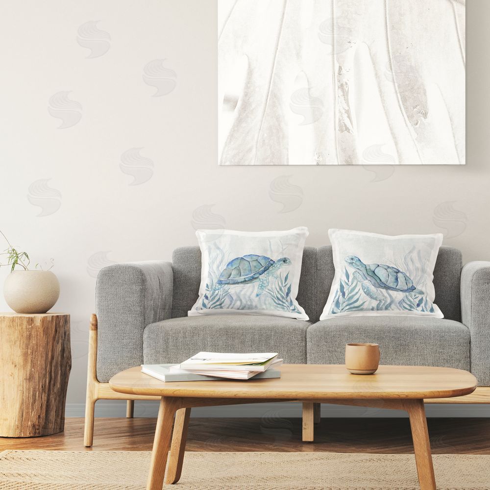 Janet Tava Subtle Smiling Sea Turtles Plush Polyester Printed Square Pillow Set in Room
