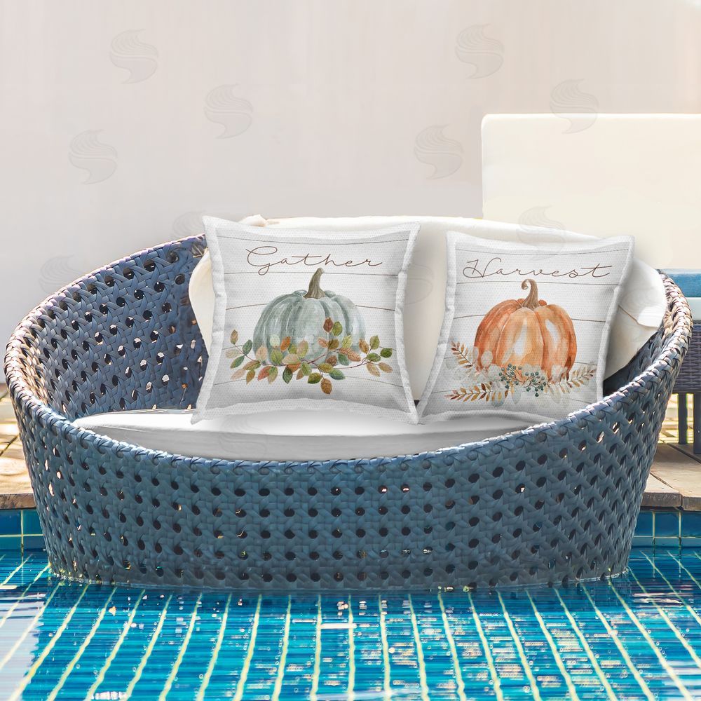 Livi and Finn Autumn Memories Gather & Harvest Square Printed Throw Pillow on Patio