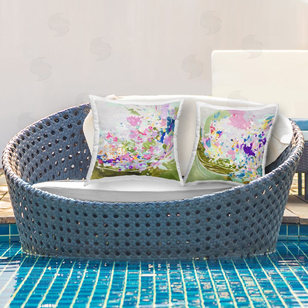 Melissa Wang Flowing Swirl of Color Outdoor Quick-Dry Polyester Printed Square Pillow Set on Patio