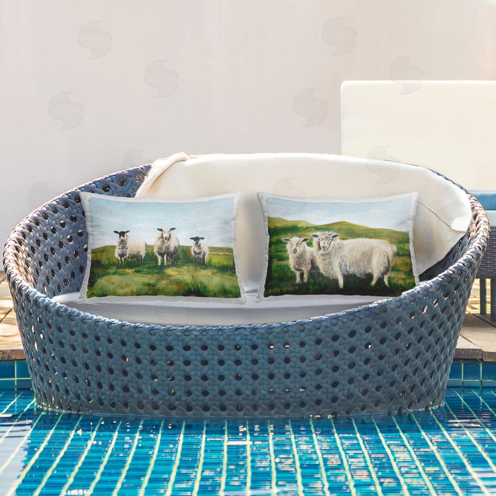 Michael Willett Sheep Family in Rolling Hills Outdoor Quick-Dry Polyester Printed Lumbar Pillow Set on Patio