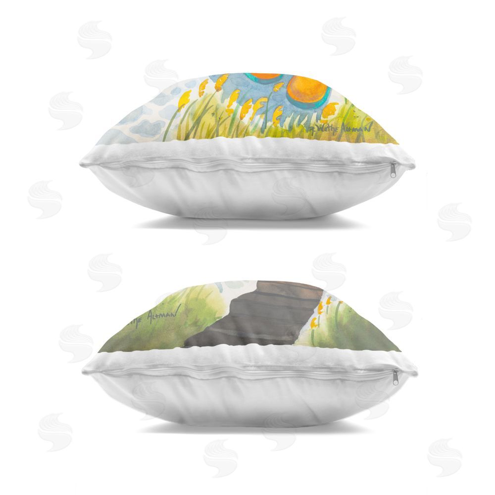 Robin Altman Boardwalk Through Beach Scenery Square Printed Throw Pillow Side View with Zipper Detail