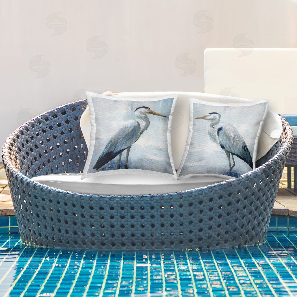 Nan Faded Blue Coastal Herons Outdoor Quick-Dry Polyester Printed Square Pillow Set on Patio
