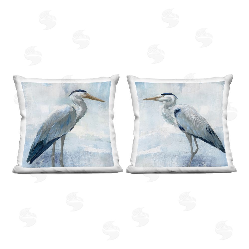 Nan Faded Blue Coastal Herons Indoor Plush Polyester Square Throw Pillow