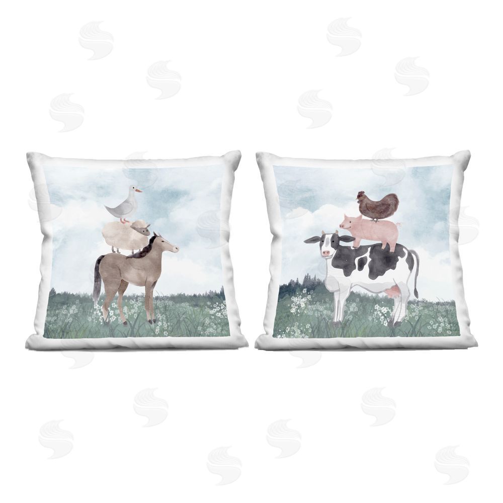 Kim Allen Stacked Animals Blue Sky Farm Indoor Plush Polyester Square Throw Pillow