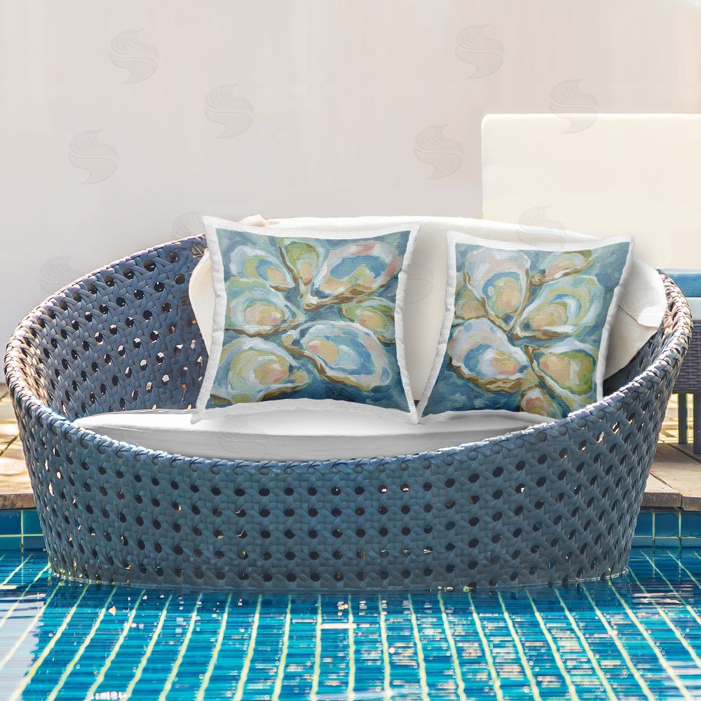 June Erica Vess Serene Seafoam Oyster Shells Outdoor Quick-Dry Polyester Printed Square Pillow Set on Patio