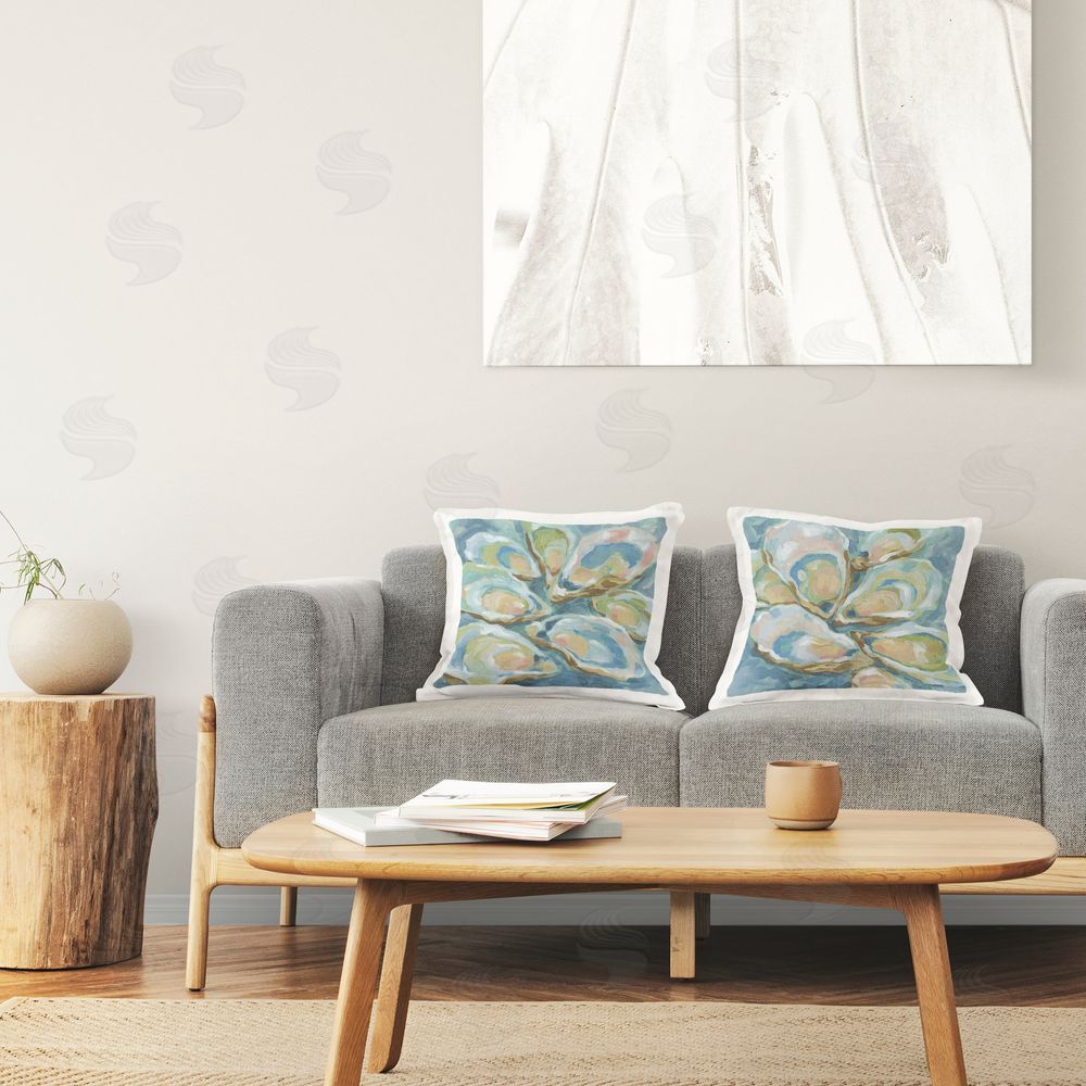 June Erica Vess Serene Seafoam Oyster Shells Plush Polyester Printed Square Pillow Set in Room