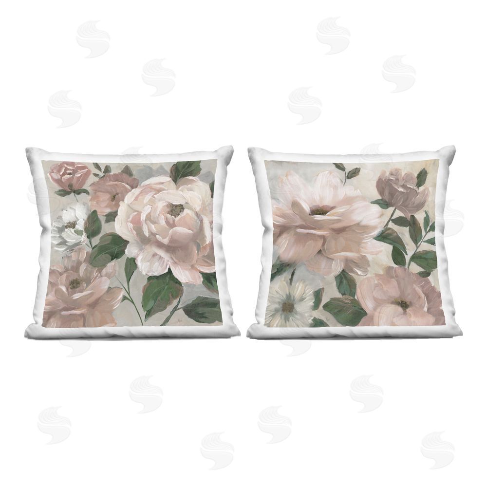 Nan Elegant Blush Peonies & Leaves Indoor Plush Polyester Square Throw Pillow
