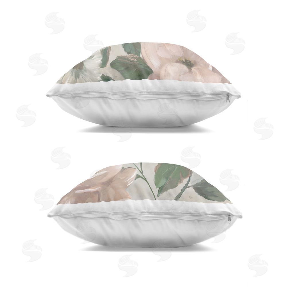 Nan Elegant Blush Peonies & Leaves Indoor Plush Polyester Square Throw Pillow Zipper Detail