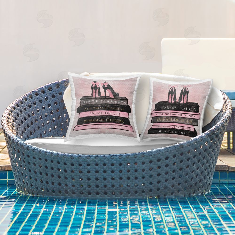 Natalie Carpentieri Pink Heels Atop Books Outdoor Quick-Dry Polyester Printed Square Pillow Set on Patio
