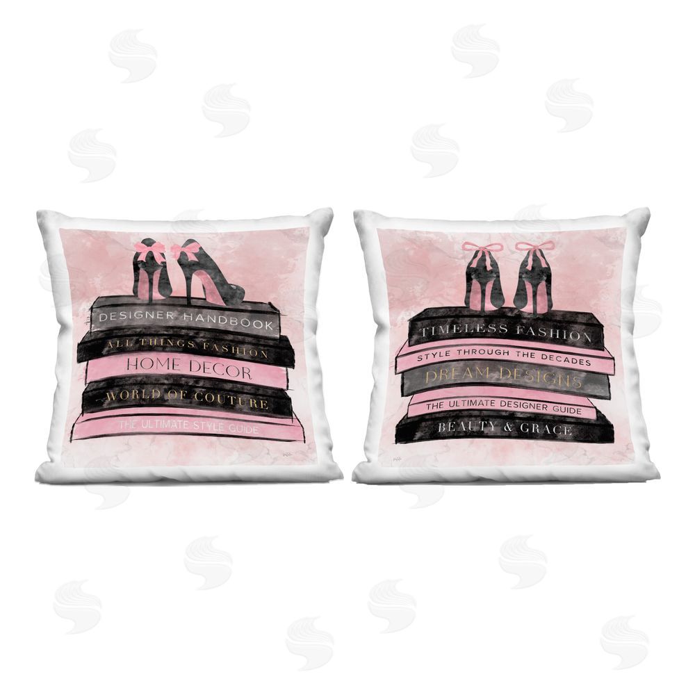 Natalie Carpentieri Pink Heels Atop Books Indoor Plush Polyester Square Throw Pillow