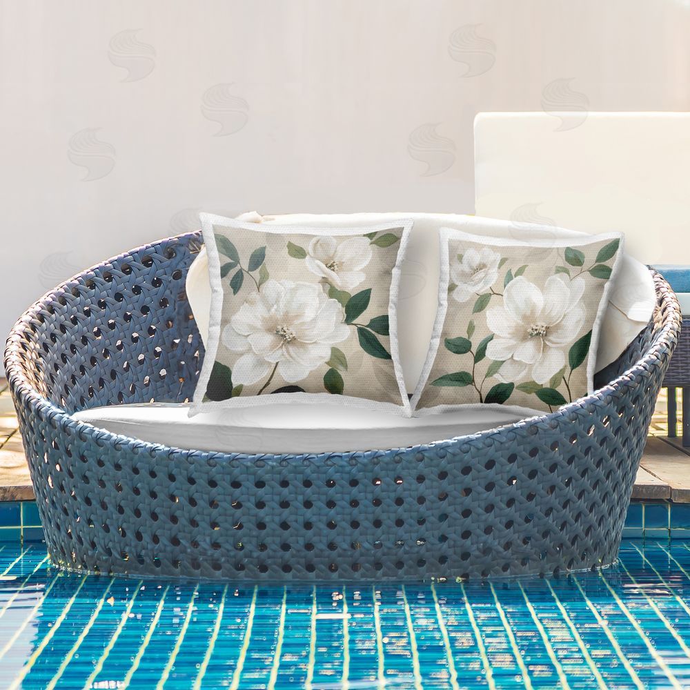 Nan Serene White Blossoms & Foliage Outdoor Quick-Dry Polyester Printed Square Pillow Set on Patio