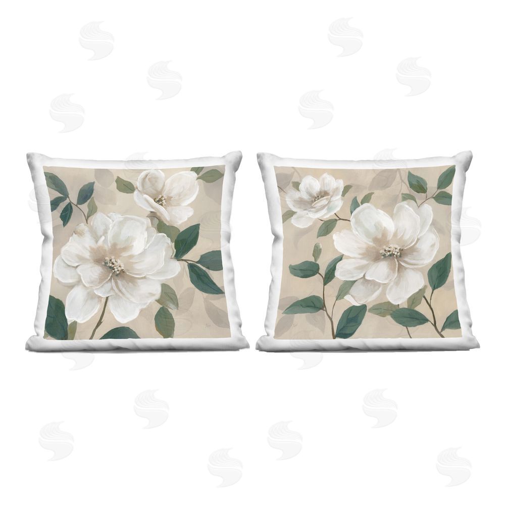 Nan Serene White Blossoms & Foliage Indoor Plush Polyester Square Throw Pillow