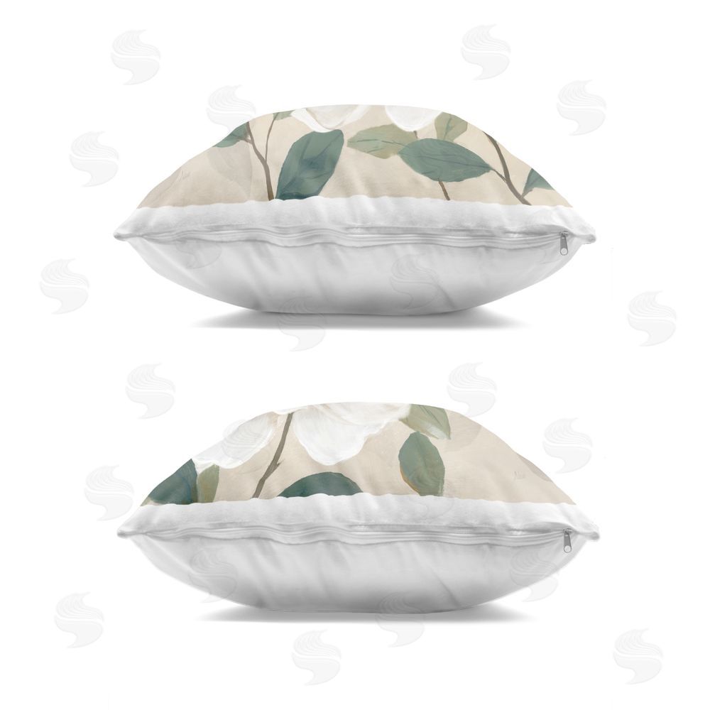Nan Serene White Blossoms & Foliage Indoor Plush Polyester Square Throw Pillow Zipper Detail