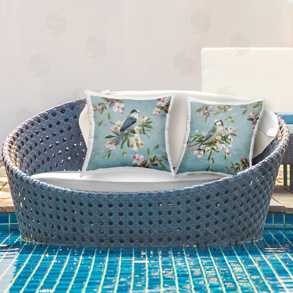 Sally Swatland Songbirds Among Spring Blossoms Outdoor Quick-Dry Polyester Printed Square Pillow Set on Patio