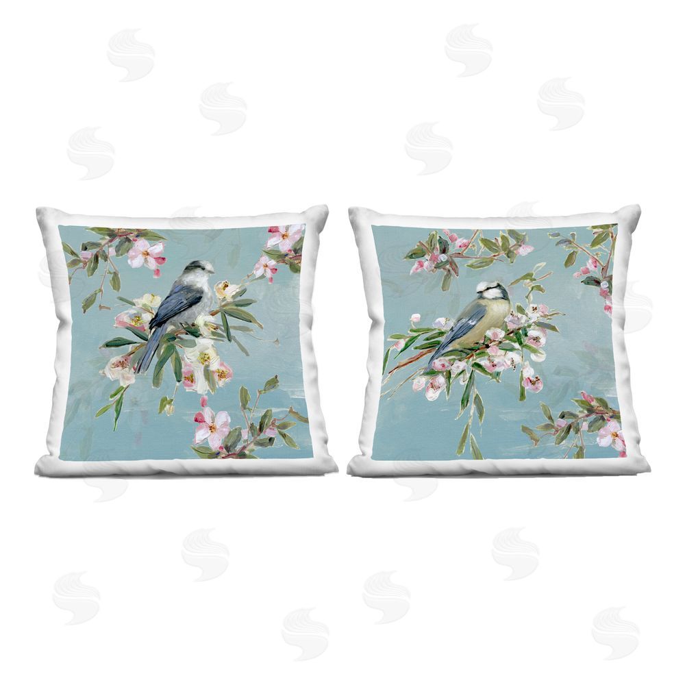 Sally Swatland Songbirds Among Spring Blossoms Indoor Plush Polyester Square Throw Pillow