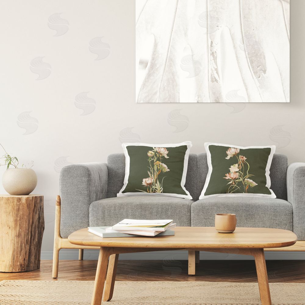 Liz Jardine Botanical Branch over Olive Plush Polyester Printed Square Pillow Set in Room