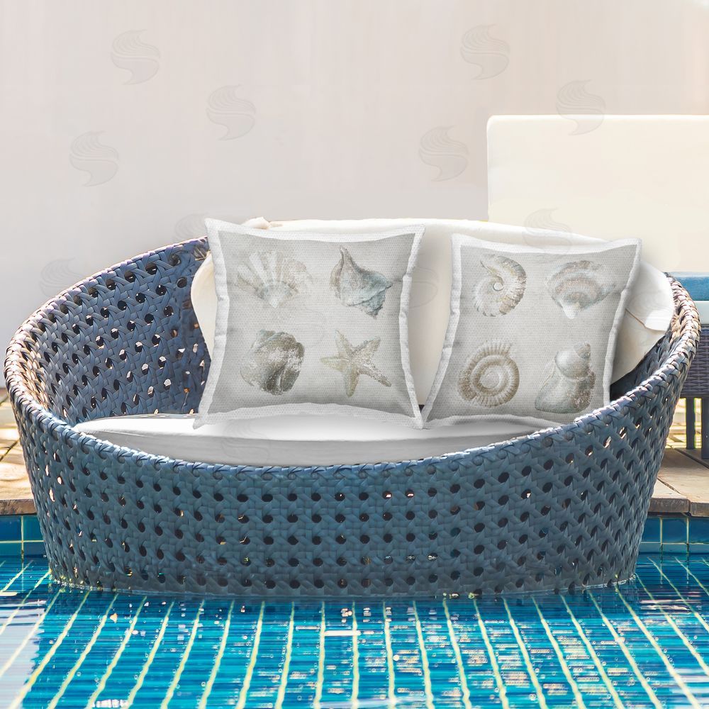 Lorenzo Collective Shoreline Treasures Seashells Collection Outdoor Quick-Dry Polyester Printed Square Pillow Set on Patio