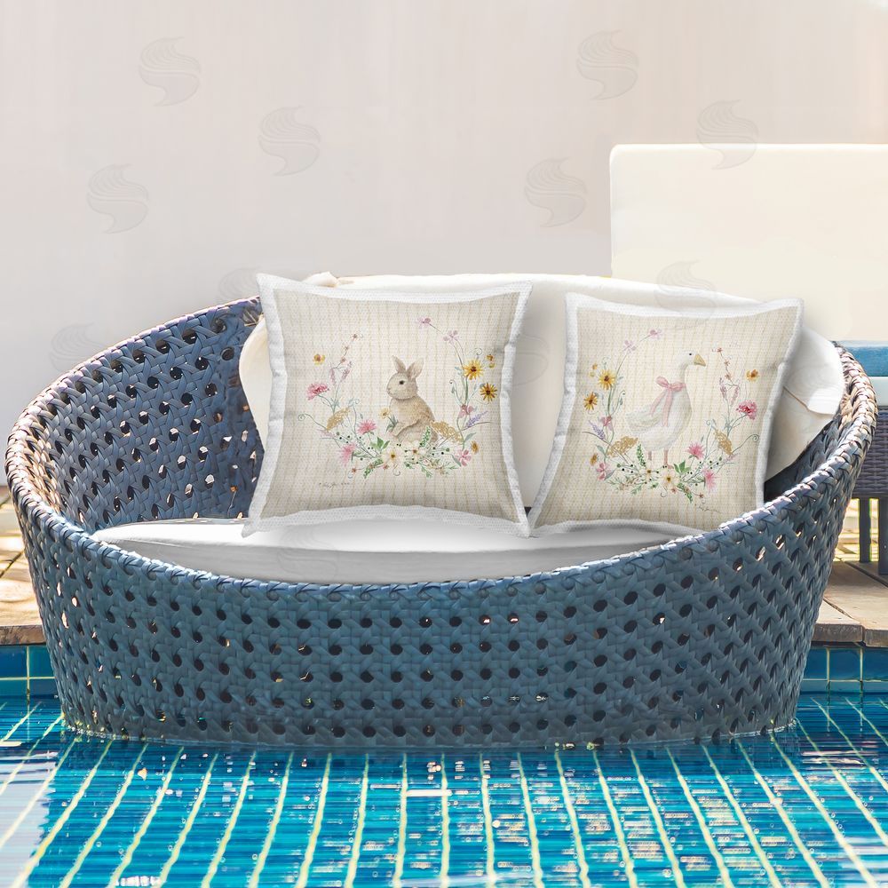 Audrey Jeanne Roberts Bunny & Goose over Yellow Stripes Outdoor Quick-Dry Polyester Printed Square Pillow Set on Patio
