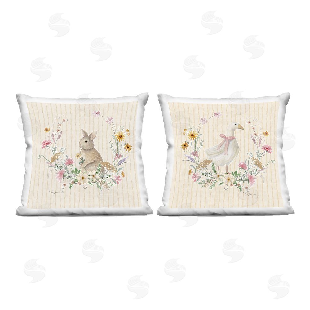 Audrey Jeanne Roberts Bunny & Goose over Yellow Stripes Indoor Plush Polyester Square Throw Pillow
