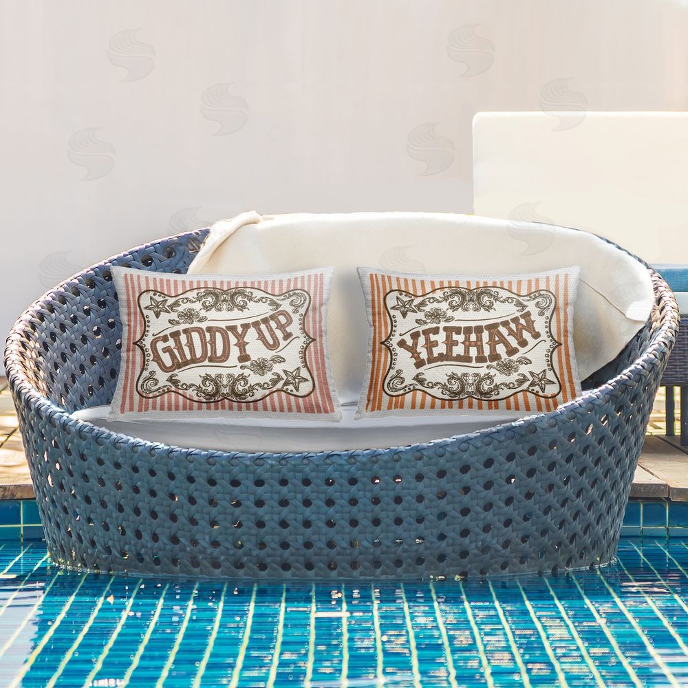Connie Summers Western Phrases over Stripes Outdoor Quick-Dry Polyester Printed Lumbar Pillow Set on Patio