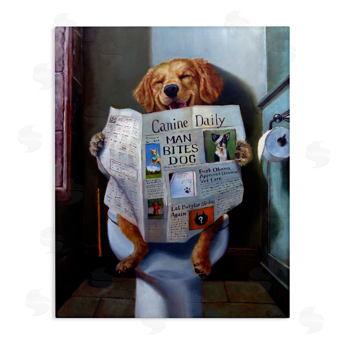 Dog Reading Newspaper On Toilet Canvas Wall Art, Home Decor by Lucia Heffernan