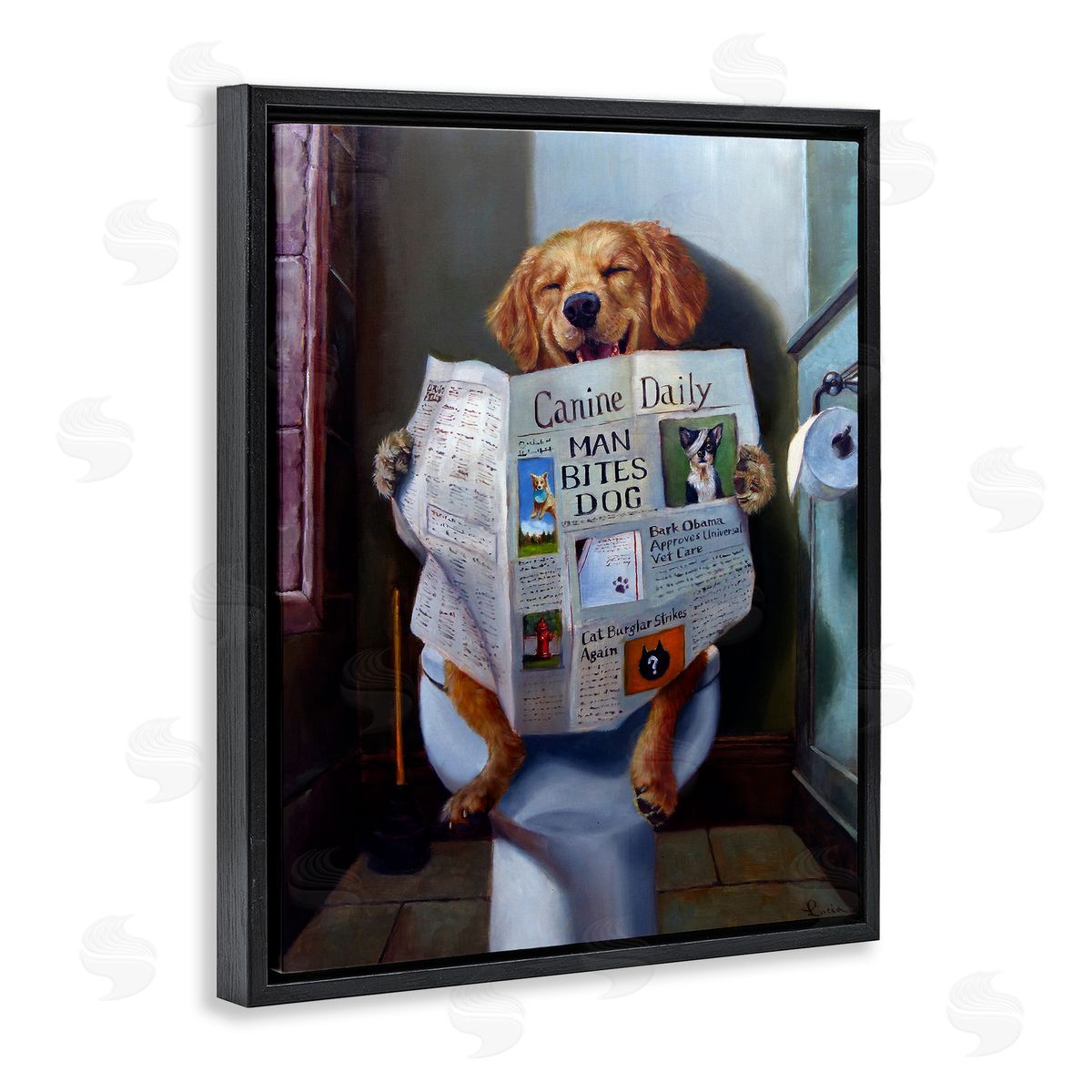 Dog Reading Newspaper On Toilet Black Floating Frame Canvas Wall Art, Home Decor by Lucia Heffernan