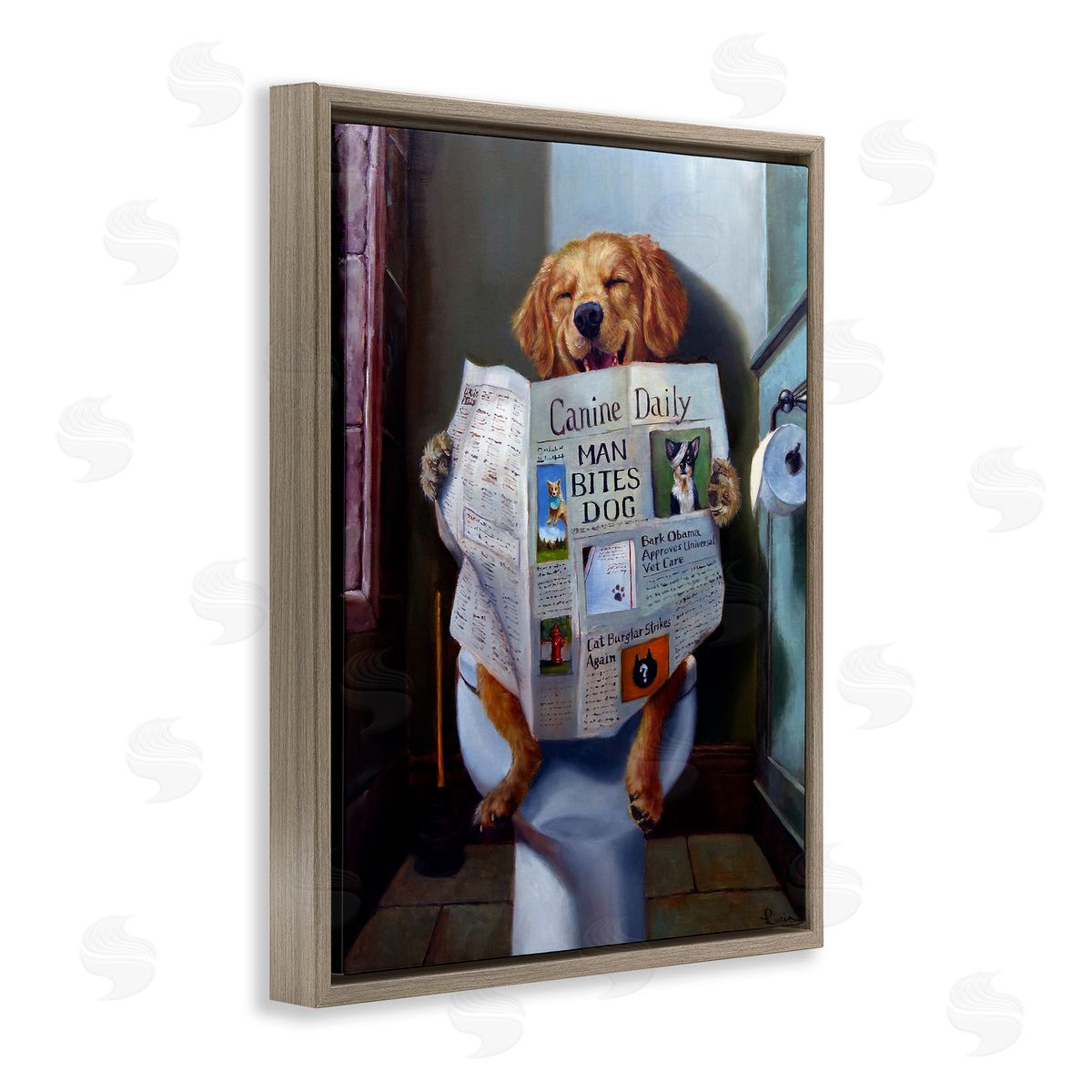 Dog Reading Newspaper On Toilet Brown Floating Frame Canvas Wall Art, Home Decor by Lucia Heffernan