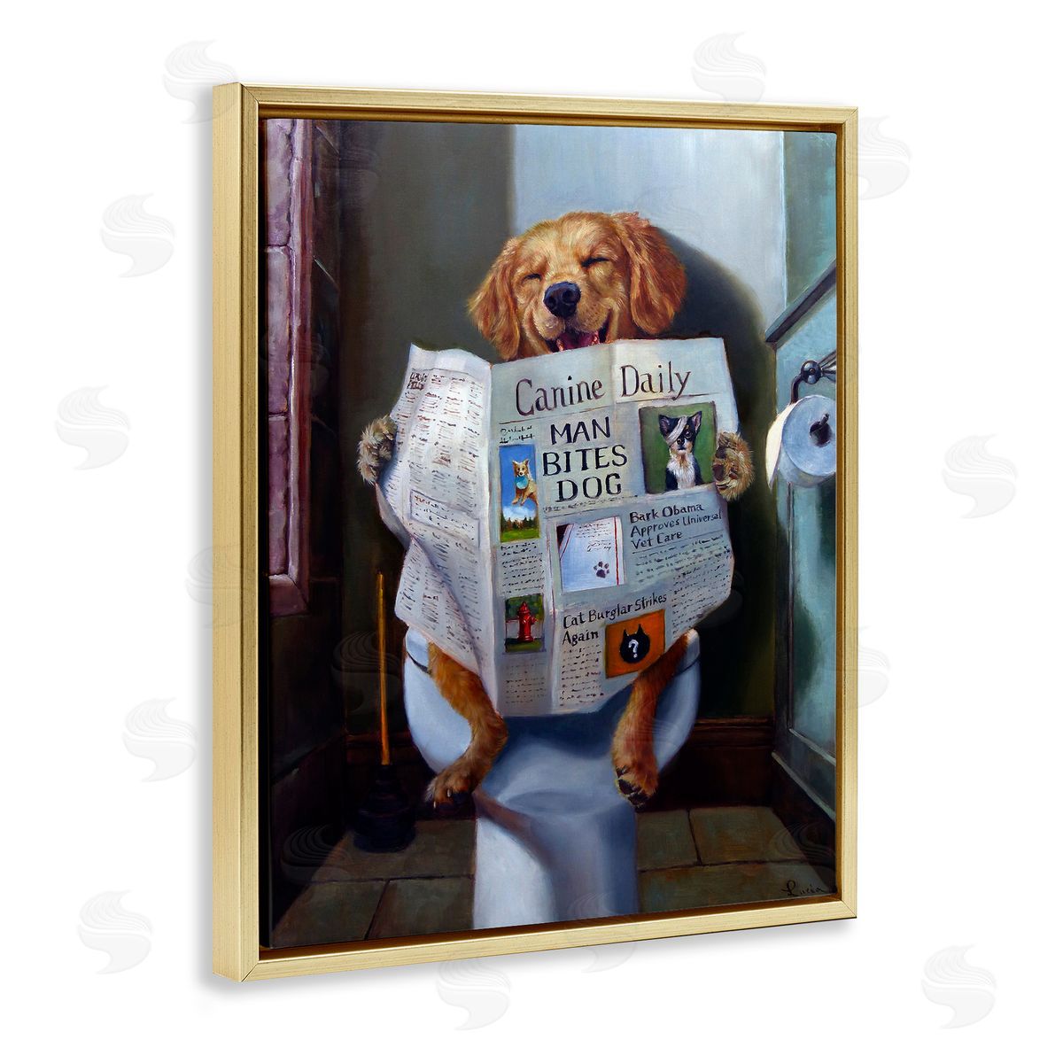 Dog Reading Newspaper On Toilet Gold Floating Frame Canvas Wall Art, Home Decor by Lucia Heffernan