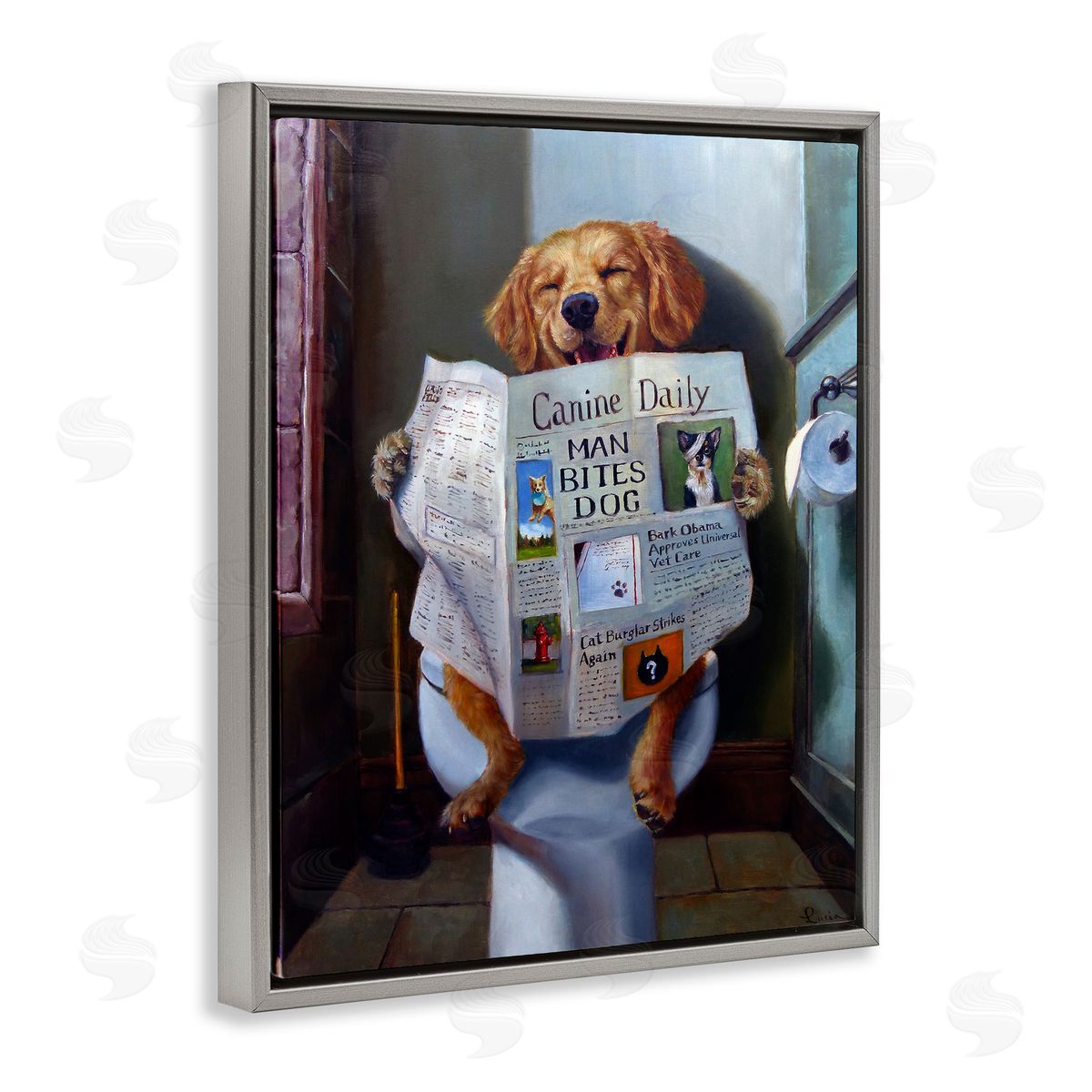 Dog Reading Newspaper On Toilet Grey Floating Frame Canvas Wall Art, Home Decor by Lucia Heffernan