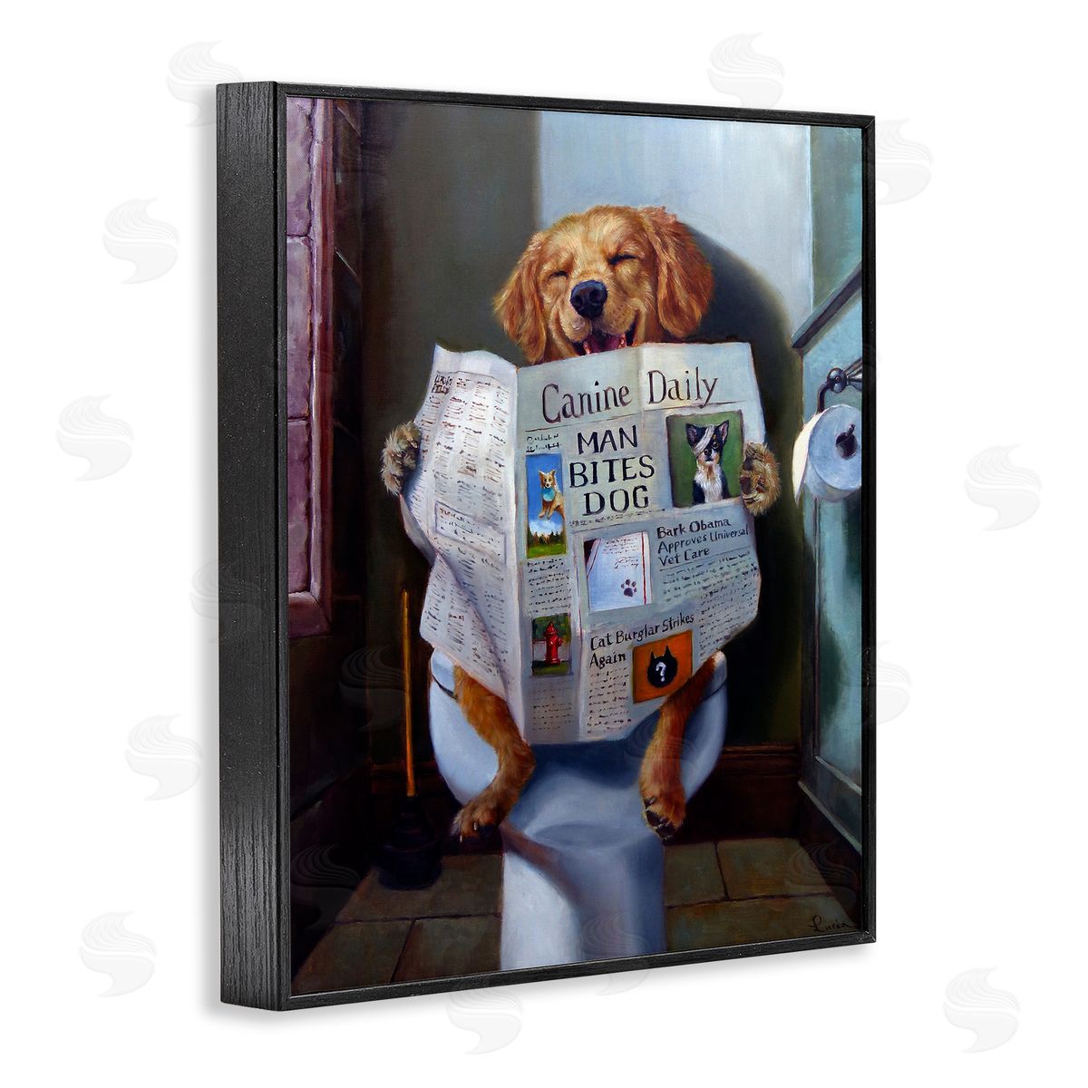 Dog Reading Newspaper On Toilet Black Frame Print Wall Art, Home Decor by Lucia Heffernan